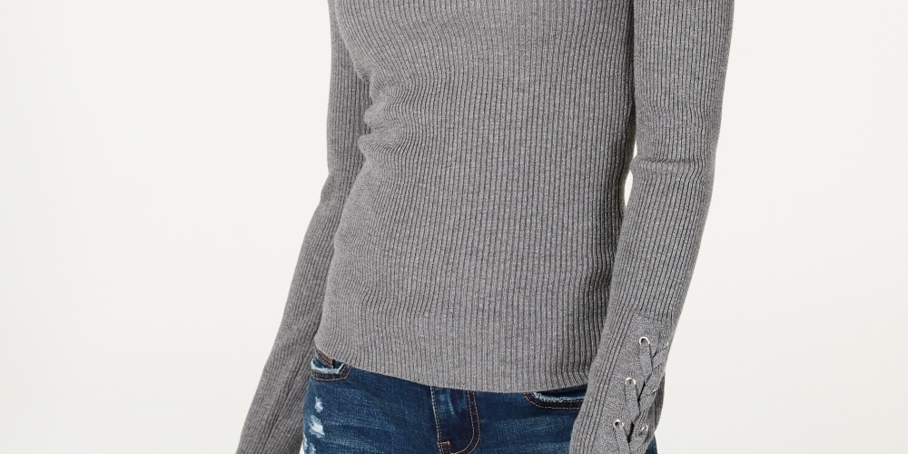 Hooked Up by IOT Juniors' Lace-Up Rib-Knit Sweater Dark Gray Size Medium