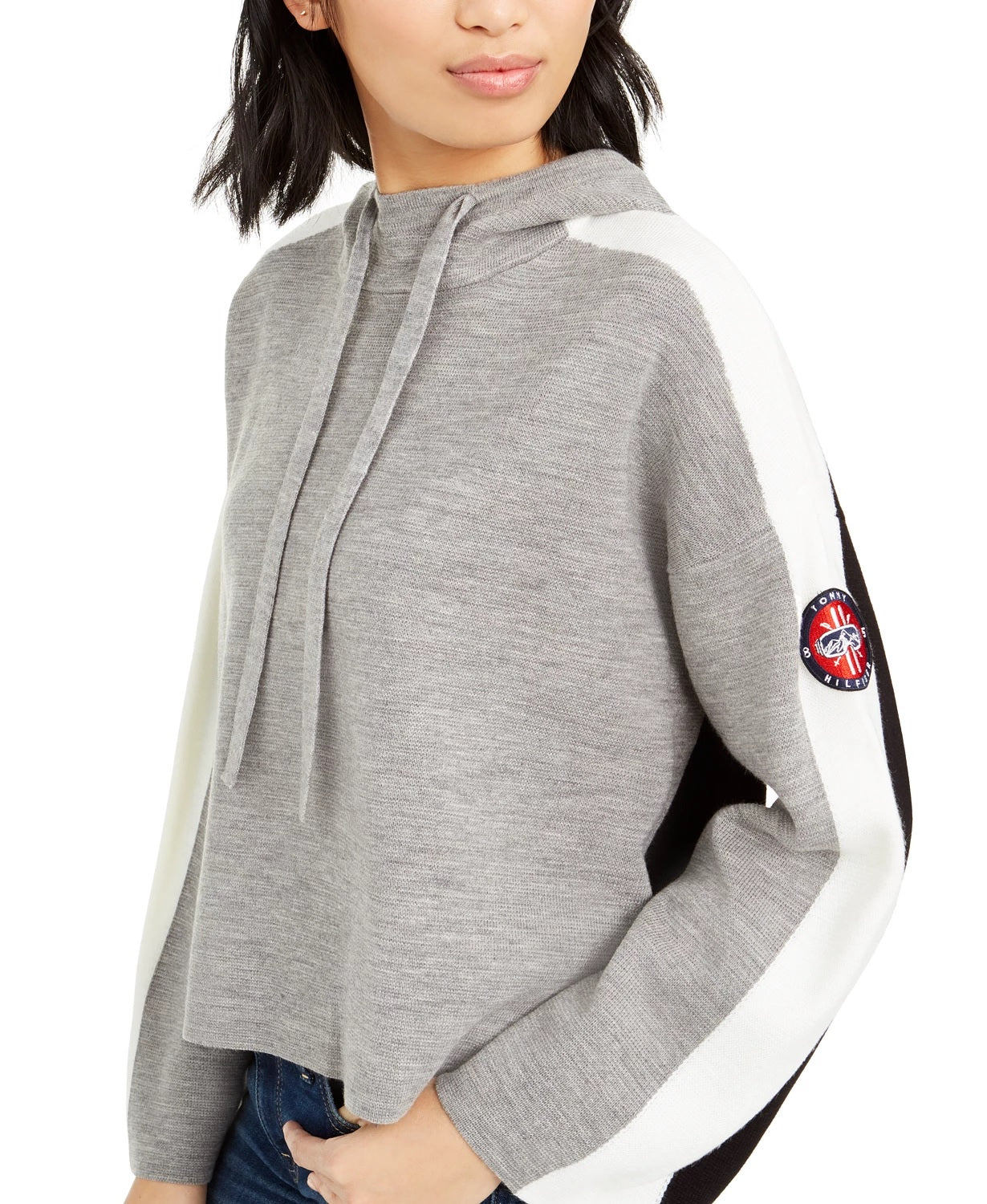 tommy-hilfiger-womens-textured-printed-long-sleeve-crew-neck-hoodie-top-gray-size-x-large