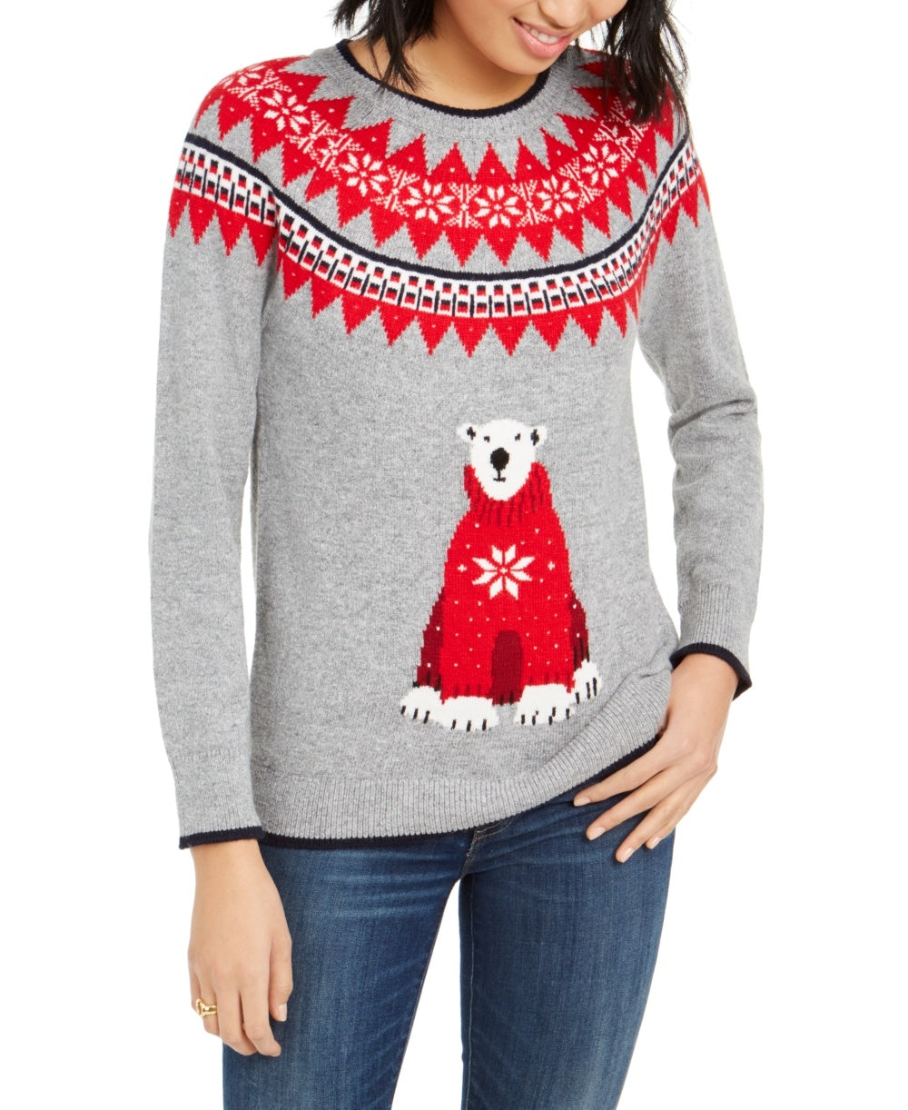 Tommy Hilfiger Women's Fair Isle Bear Sweater Gray Size Small