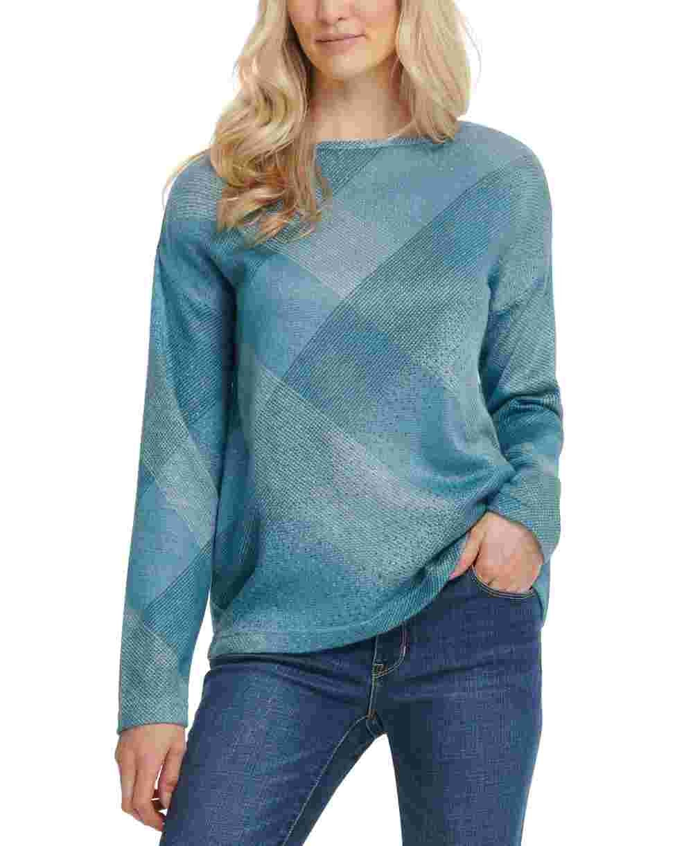 DKNY Women's Printed Boat-Neck Top Charcoal Size Large