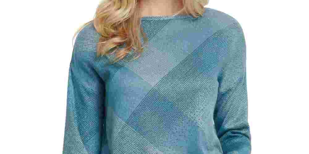 DKNY Women's Printed Boat-Neck Top Charcoal Size Large