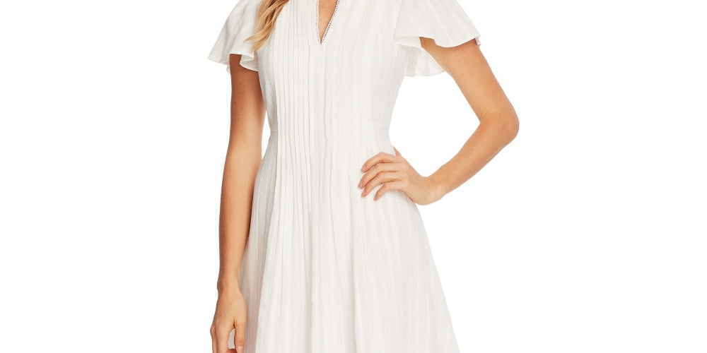 CeCe Women's A Line Dress Split Neck Flutter Sleeve White Size 14