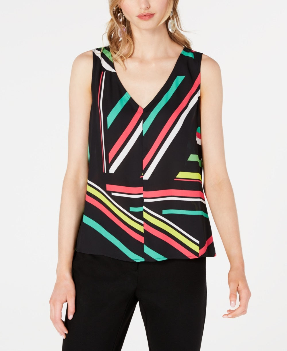 Bar III Women's Sleeveless V Neck Blouse Black Mult Size XS