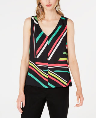 Bar III Women's Sleeveless V Neck Blouse Black Mult Size XS