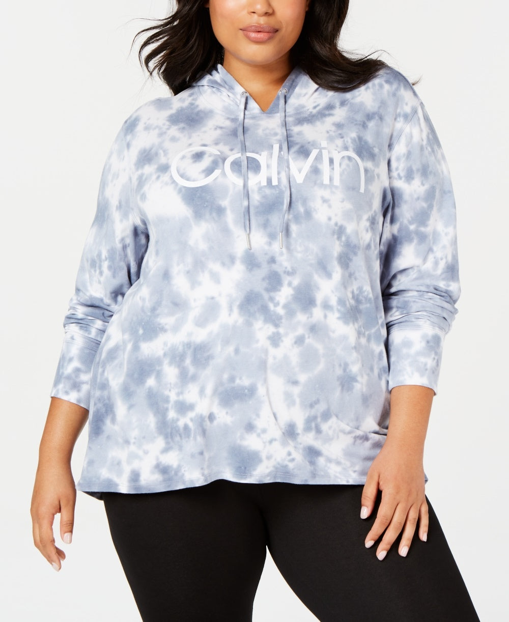 Calvin Klein Women's Plus Size Sunburst Tie Dyed Logo Hoodie Top Blue Size 2X