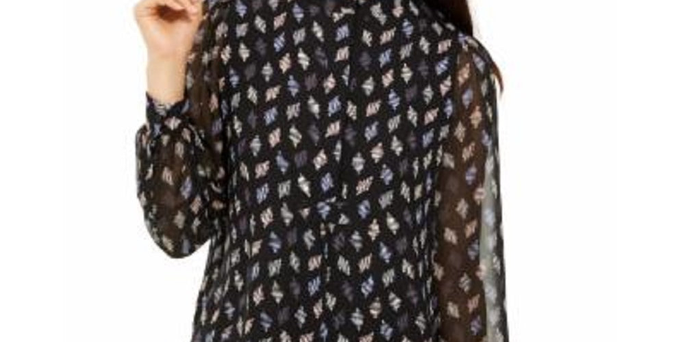 Anne Klein Women's Blouse Printed Mandarin Collar Black Size -M