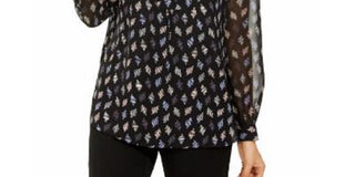 Anne Klein Women's Blouse Printed Mandarin Collar Black Size -M