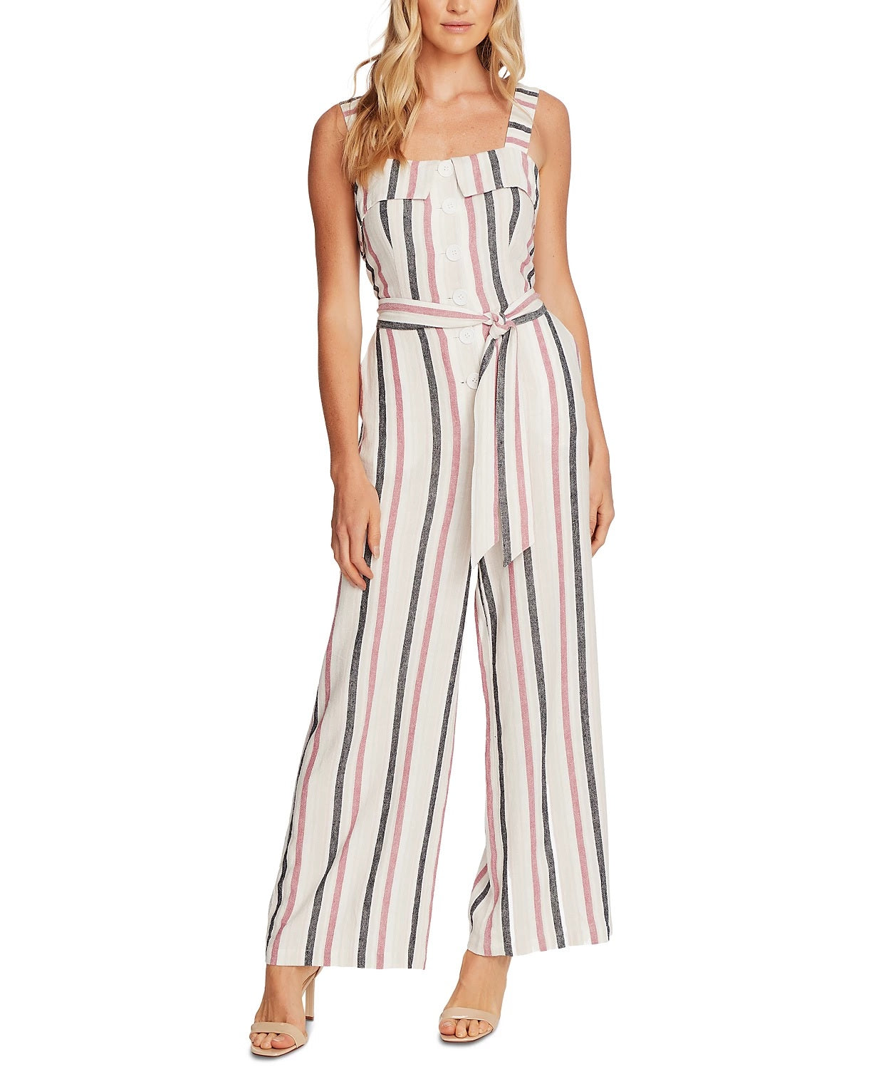 Vince Camuto Women's Canyon Stripe Sleeveless Linen Blend Jumpsuit Pink Size Medium