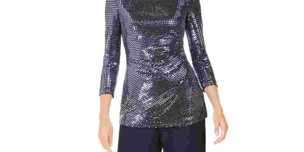 Jessica Howard Women's Sequined 3/4 Sleeve Jewel Neck Party Top Blue Size 14