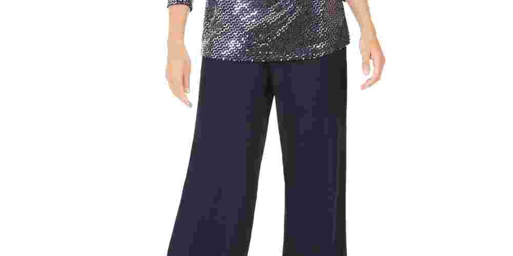 Jessica Howard Women's Sequined 3/4 Sleeve Jewel Neck Party Top Blue Size 14