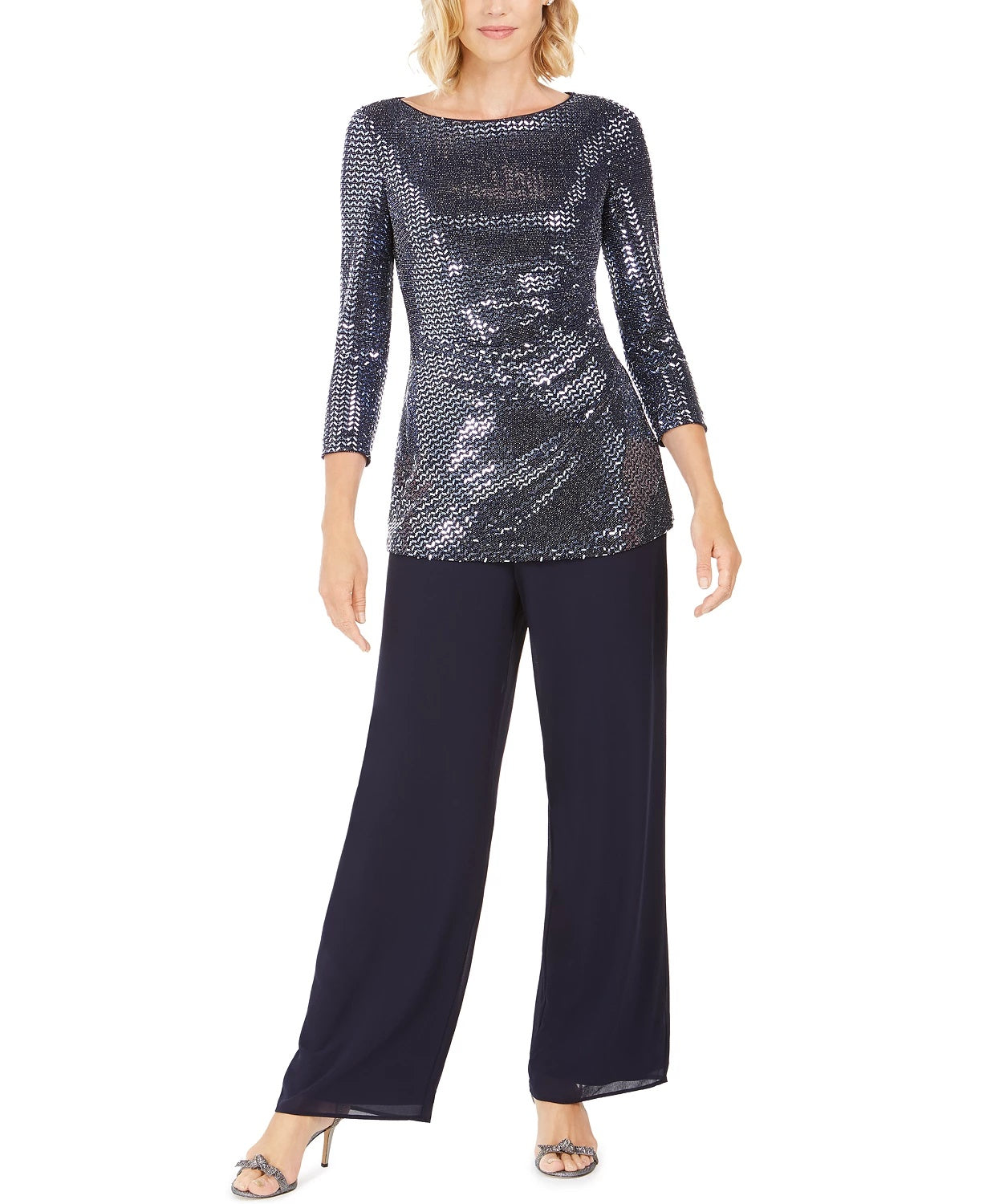 Jessica Howard Women's Sequin Top & Straight-Leg Pants Navy Size 12