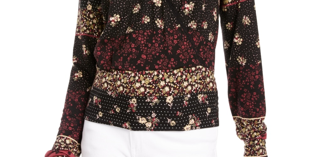 American Rag Junior's V Neck Printed Top Black Size XX-Small