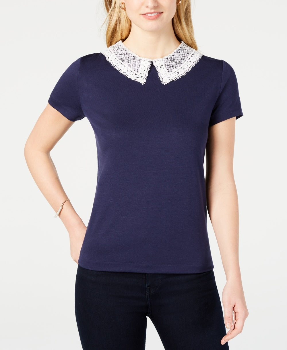 Maison Jules Women's Lace Collar Top Blue Size X-Small