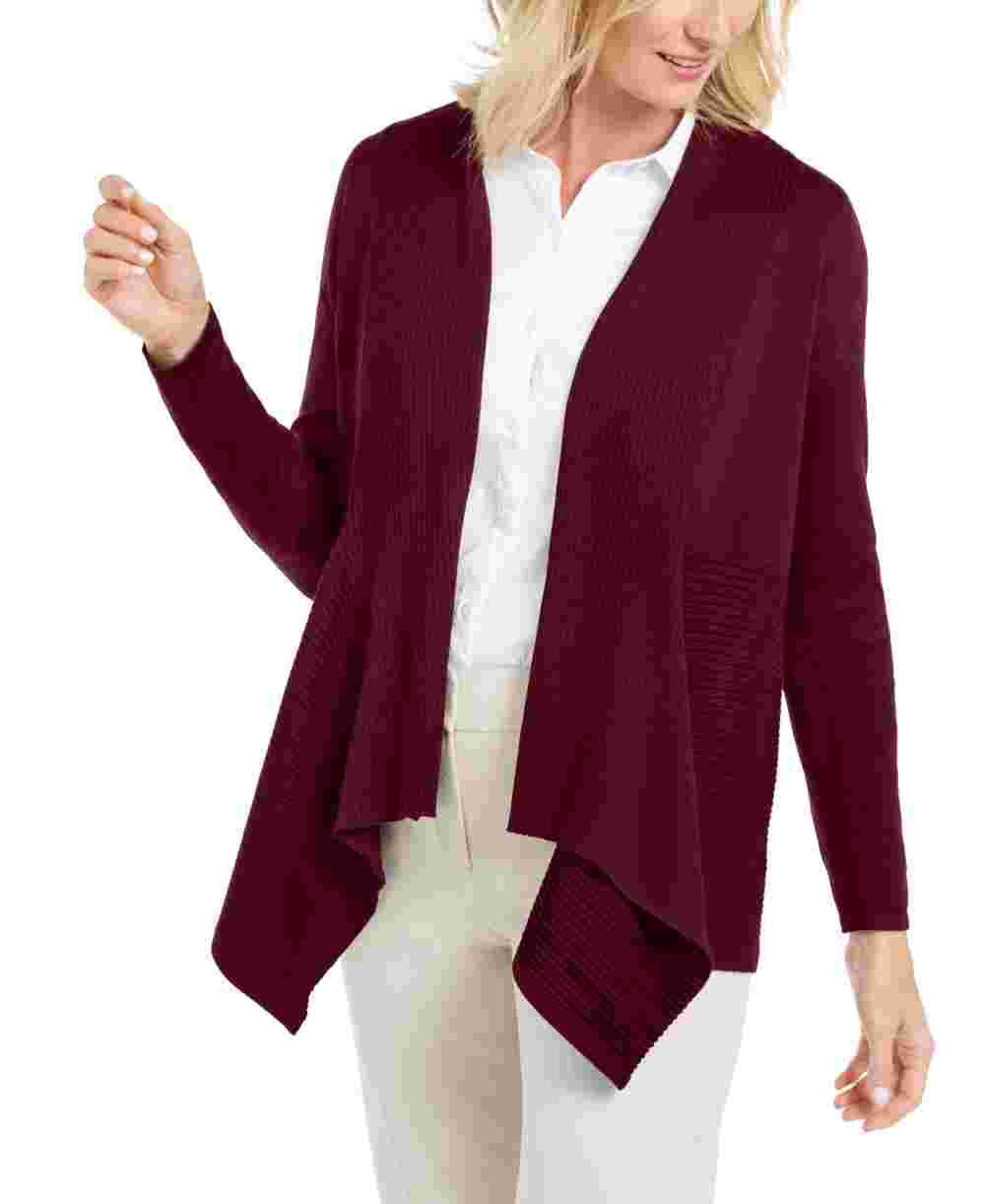 JM Collection Women's Petite Mixed-Ribbed Flyaway Cardigan Dark Purple Size PS