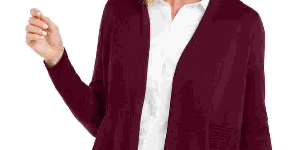 JM Collection Women's Petite Mixed-Ribbed Flyaway Cardigan Dark Purple Size PS
