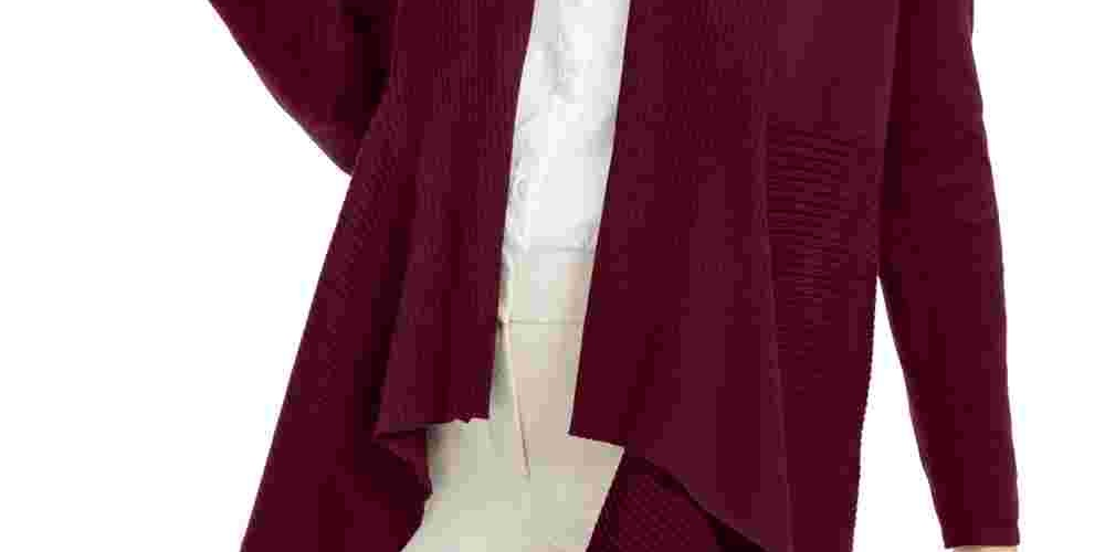 JM Collection Women's Petite Mixed-Ribbed Flyaway Cardigan Dark Purple Size PS
