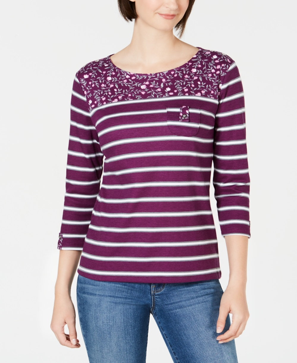 Karen Scott Women's Floral Yoke Striped Top Purple Size Large