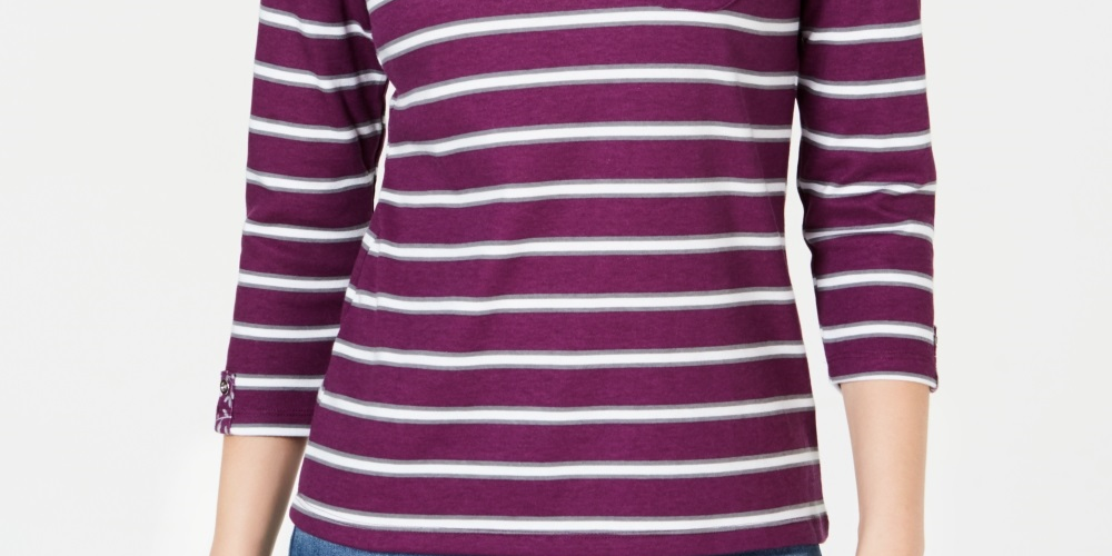 Karen Scott Women's Floral Yoke Striped Top Purple Size Large