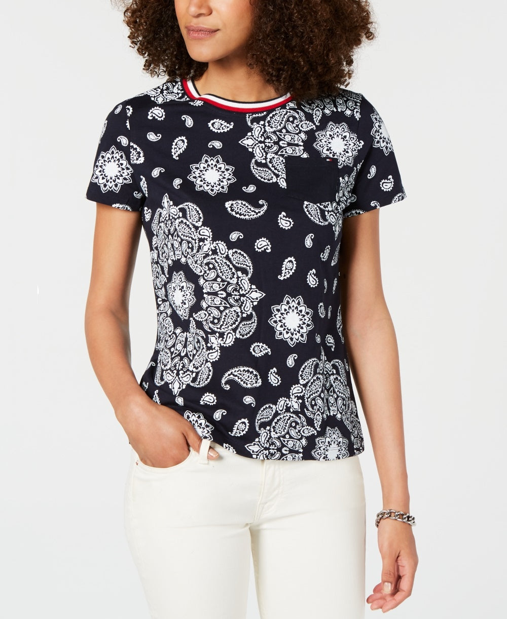 Tommy Hilfiger Women's Cotton Printed Striped Neck Top Blue Size Large