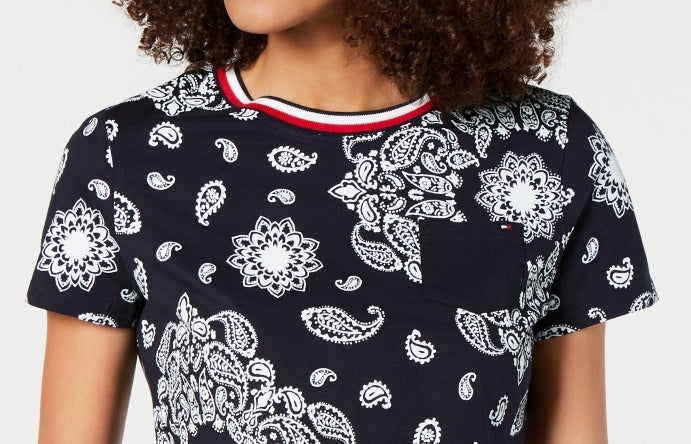 Tommy Hilfiger Women's Cotton Printed Striped Neck Top Blue Size Large