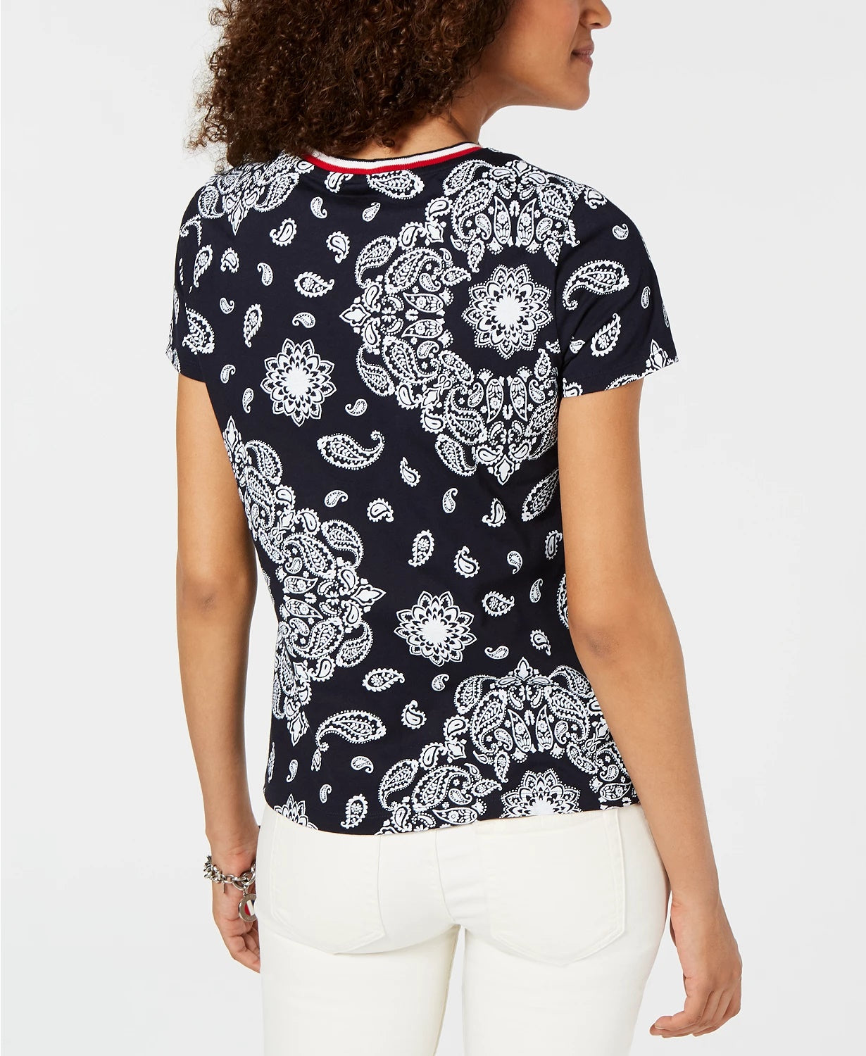 Tommy Hilfiger Women's Cotton Printed Striped Neck Top Blue Size Large