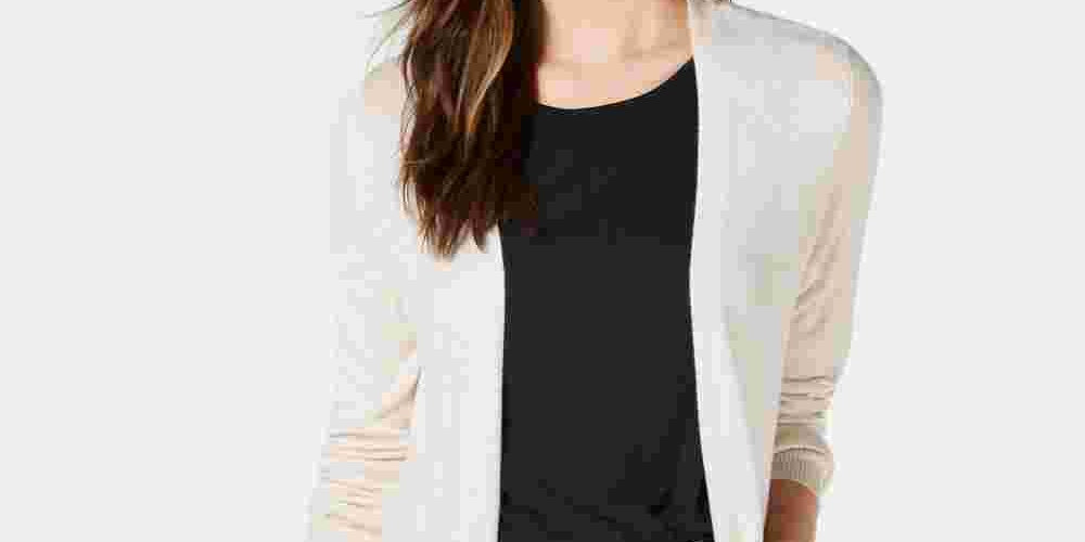 Maison Jules Women's Long Open-Front Jersey Cardigan Sweater Dark Beige Size Medium