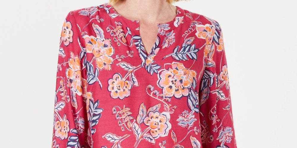 Charter Club Women's Double Floral Printed Tunic Pink Size Petite Medium