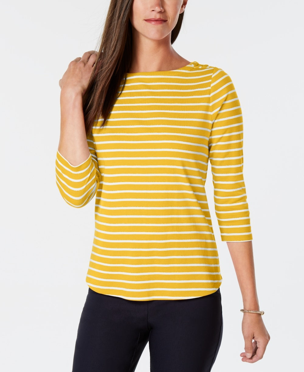 Charter Club Women's Petite Pima Cotton Button-Shoulder Print Top Gold Size Petite X-Large
