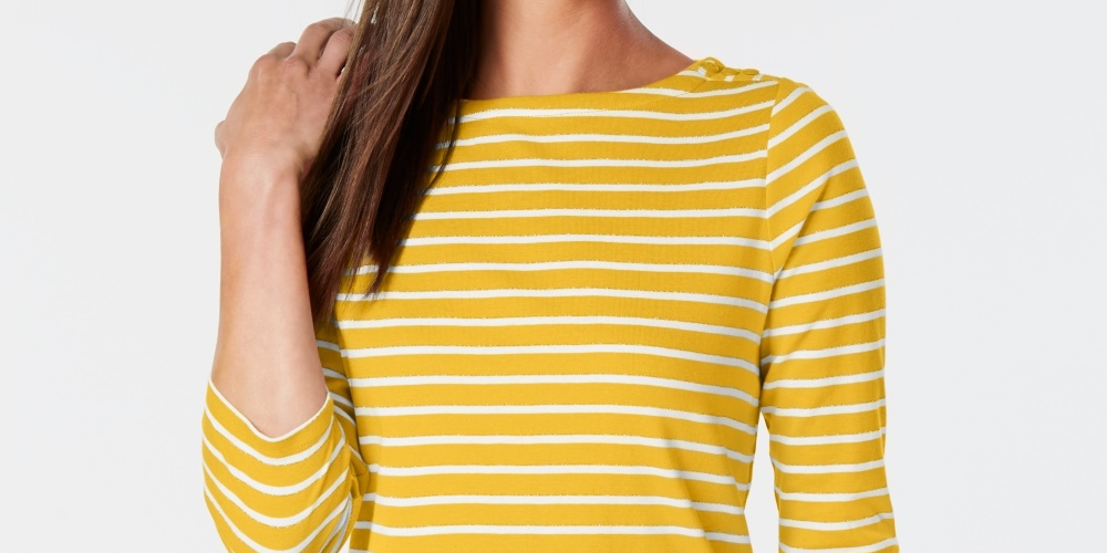 Charter Club Women's Petite Pima Cotton Button-Shoulder Print Top Gold Size Petite X-Large