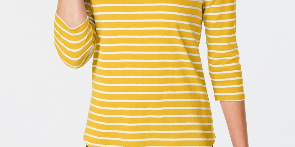 Charter Club Women's Petite Pima Cotton Button-Shoulder Print Top Gold Size Petite X-Large