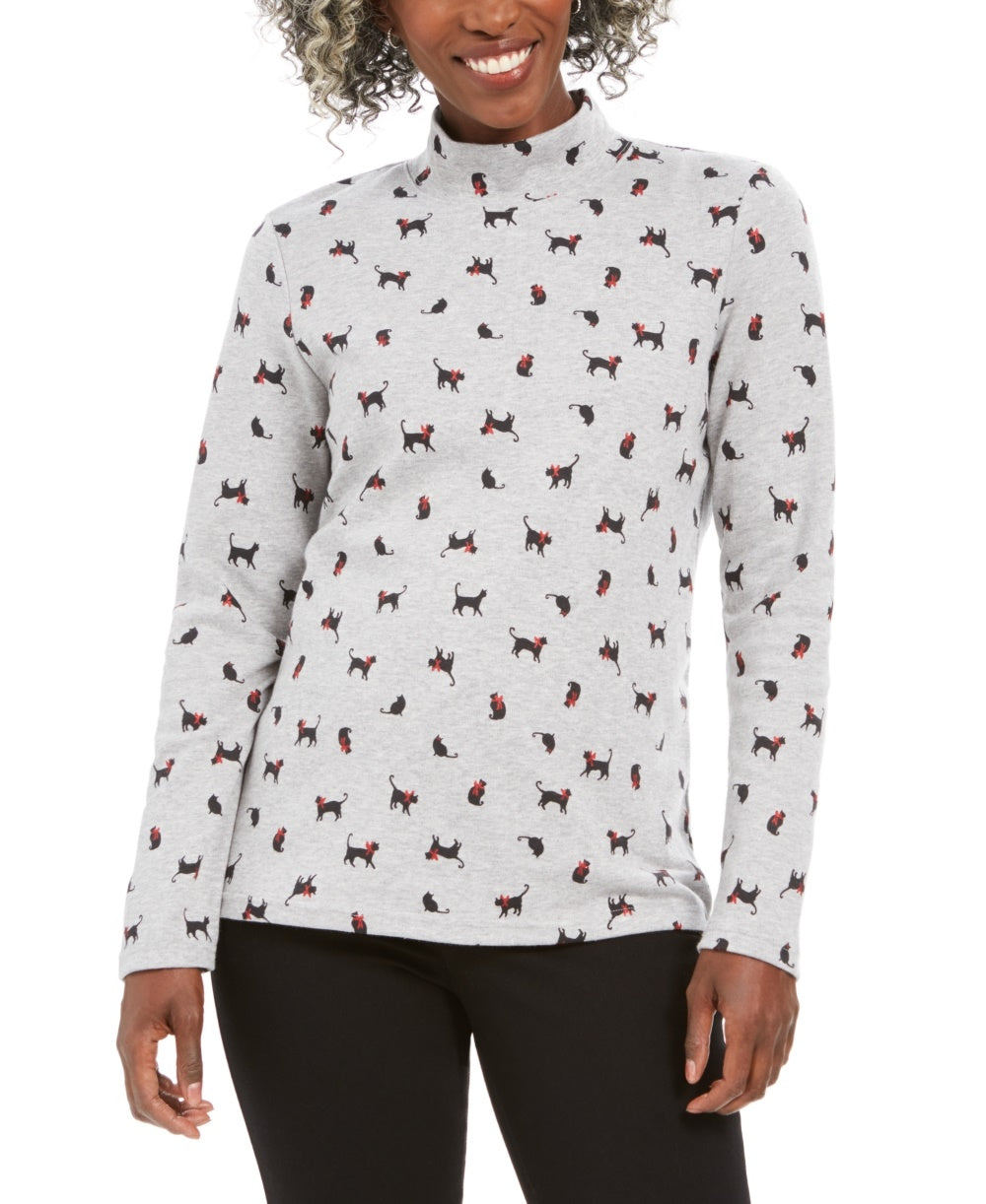 Karen Scott Women's Cats & Bows Printed Mock Neck Top Gray Size PL