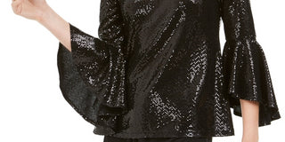 MSK Women's Mirror-Dot Bell-Sleeve Top Black Size X-Large