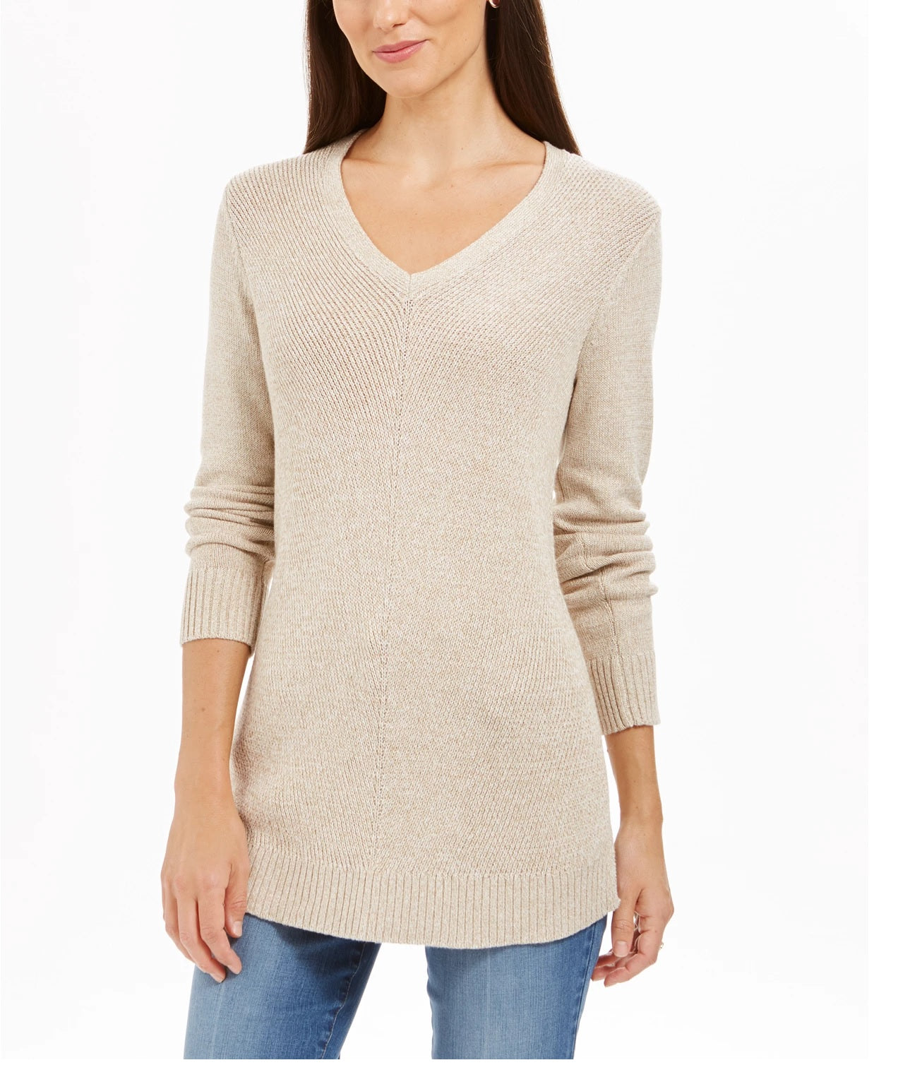 Charter Club Women's Marled V Neck Sweater Beige Size Petite Small