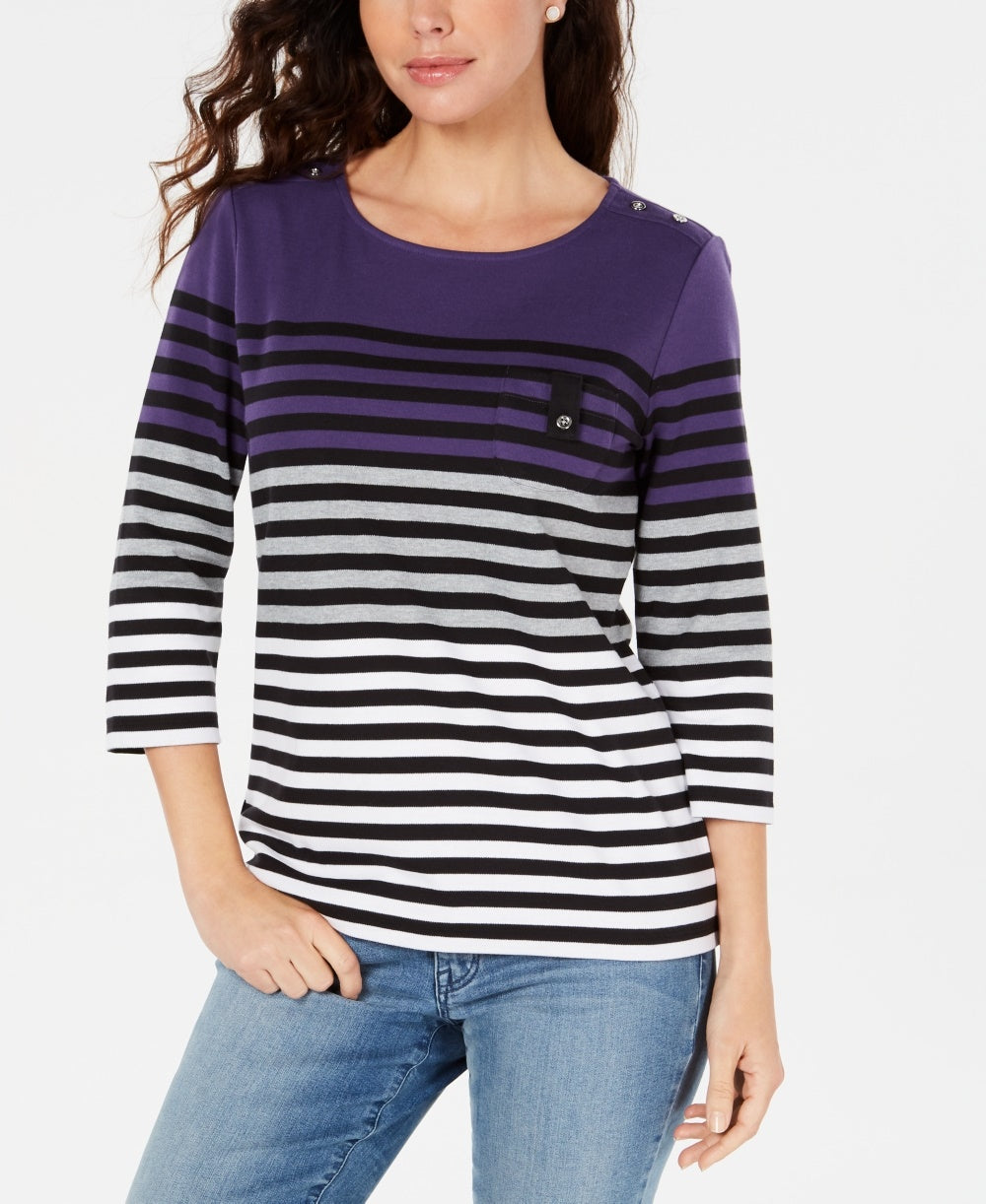 Karen Scott Women's Petite Striped Colorblocked Top Purple Size Petite