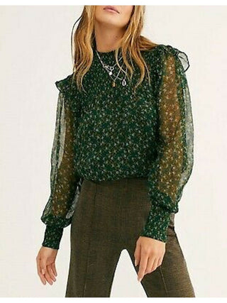 Free People Women's Printed Long Sleeve Mandarin Collar Peplum Top Green Size Extra Large