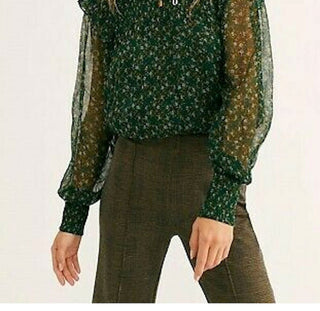 Free People Women's Printed Long Sleeve Mandarin Collar Peplum Top Green Size Extra Large
