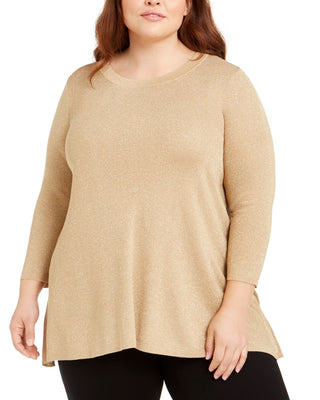 Anne Klein Women's Textured Glitter Long Sleeve Jewel Neck Top Gold Size 1X