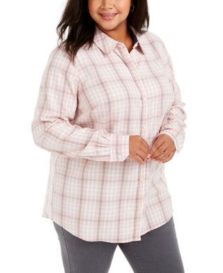 Charter Club Women's Plus Size Ilanna Cotton Plaid Button Up Shirt Pink Size 0X