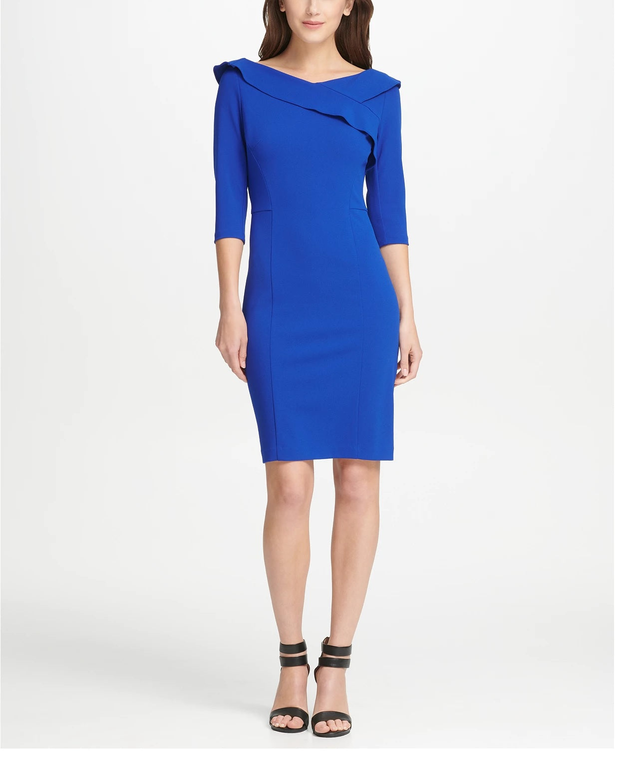 DKNY Women's Ruffle V Neck Sheath Dress Blue Size 8