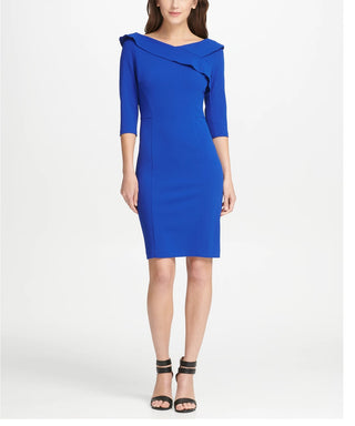 DKNY Women's Ruffle V Neck Sheath Dress Blue Size 8