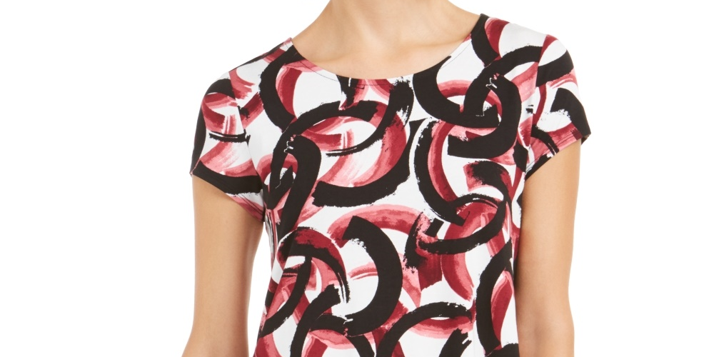 Alfani Women's Petite Printed Round-Hem T-Shirt  Red Size PM