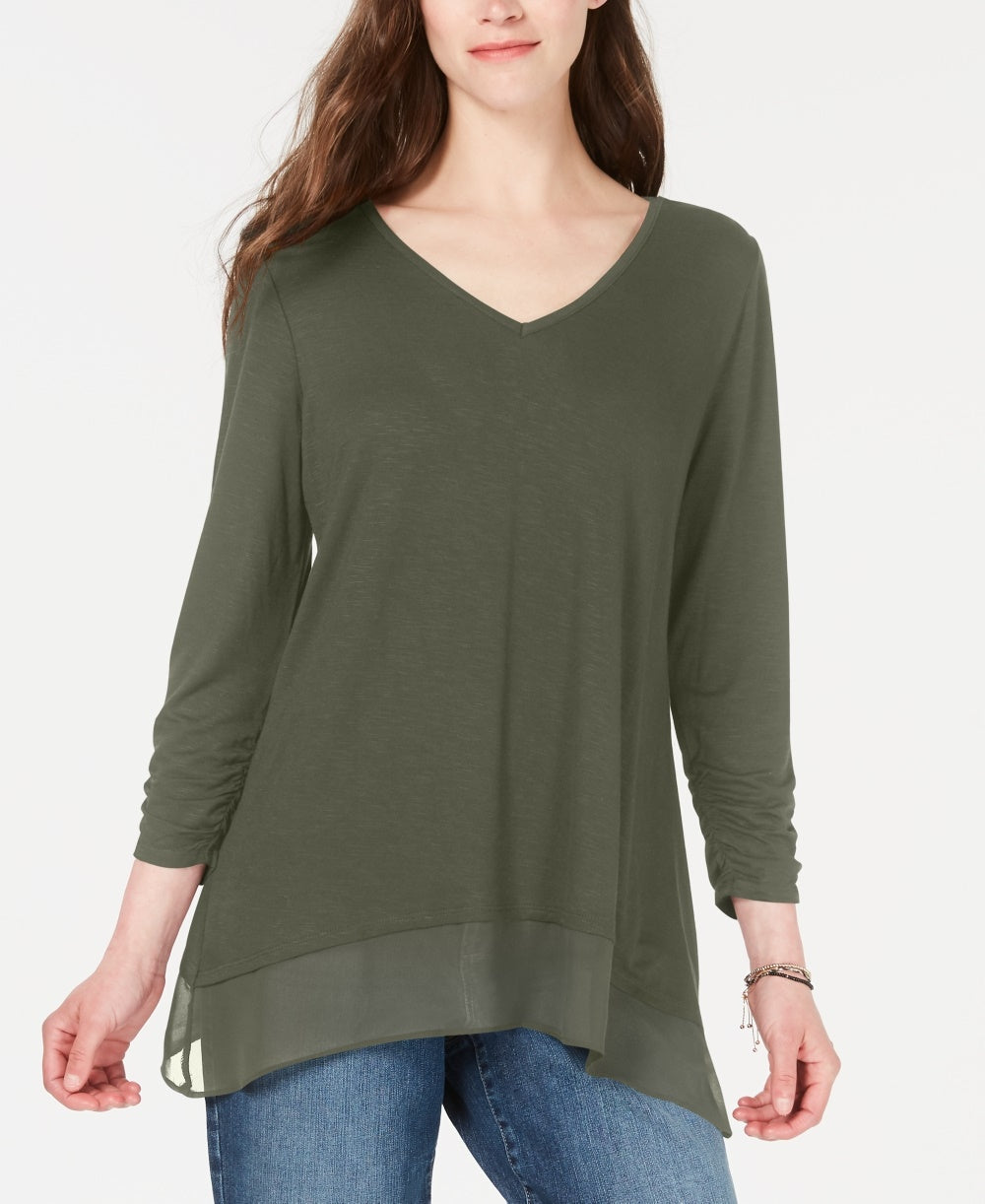 Style & Co Women's Petite Chiffon-Hem Top Med Green Size PM