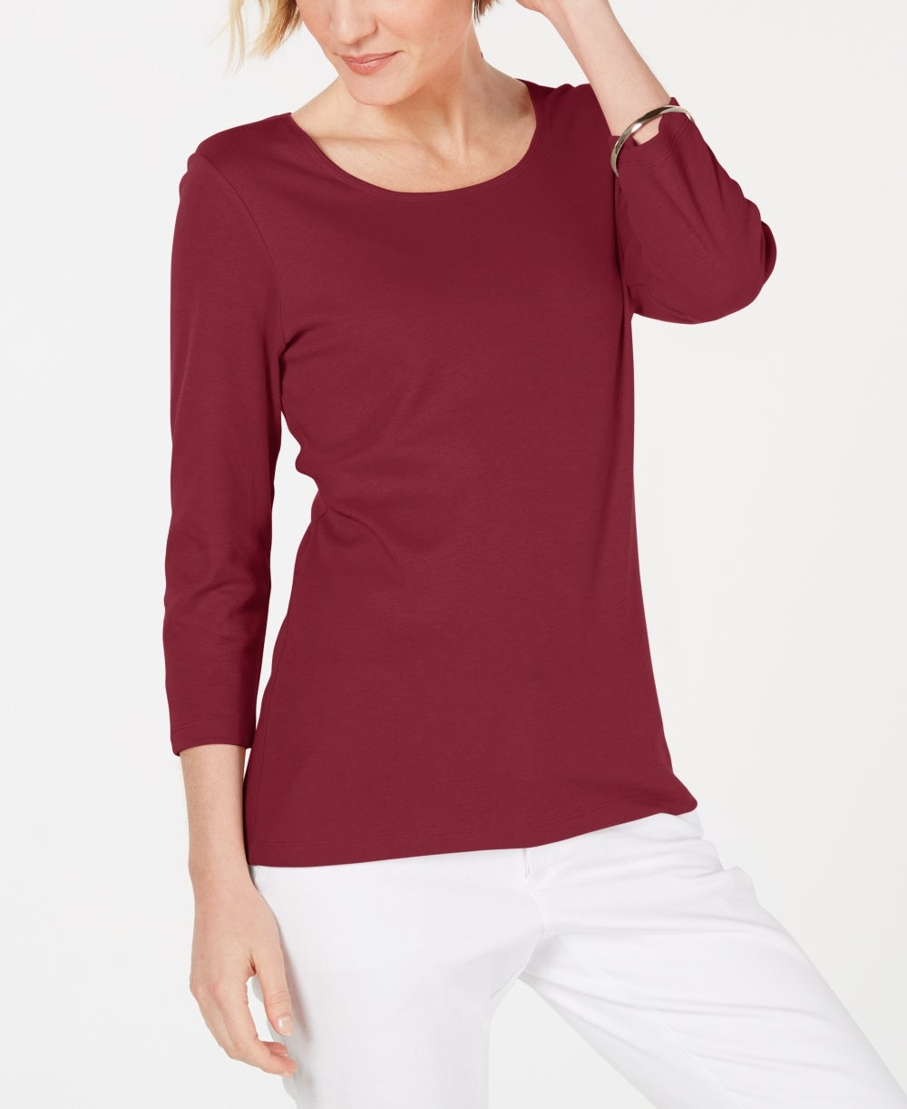 Karen Scott Women's Petite Cotton Scoop-Neck Top Medium Red Size PS