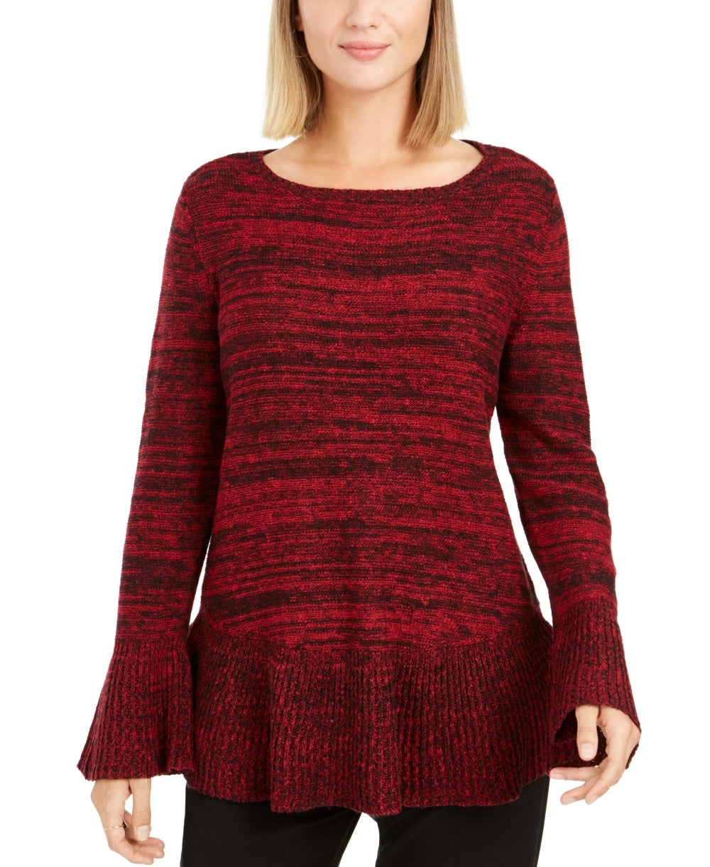 Style & Co Women's Petite Ruffle-Hem Tunic Sweater Red Size PS