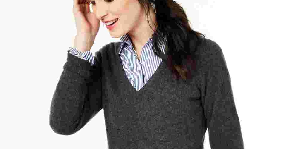 Charter Club Women's V Neck Cashmere Sweater Regular & Petite Sizes Gray Size Petite Small