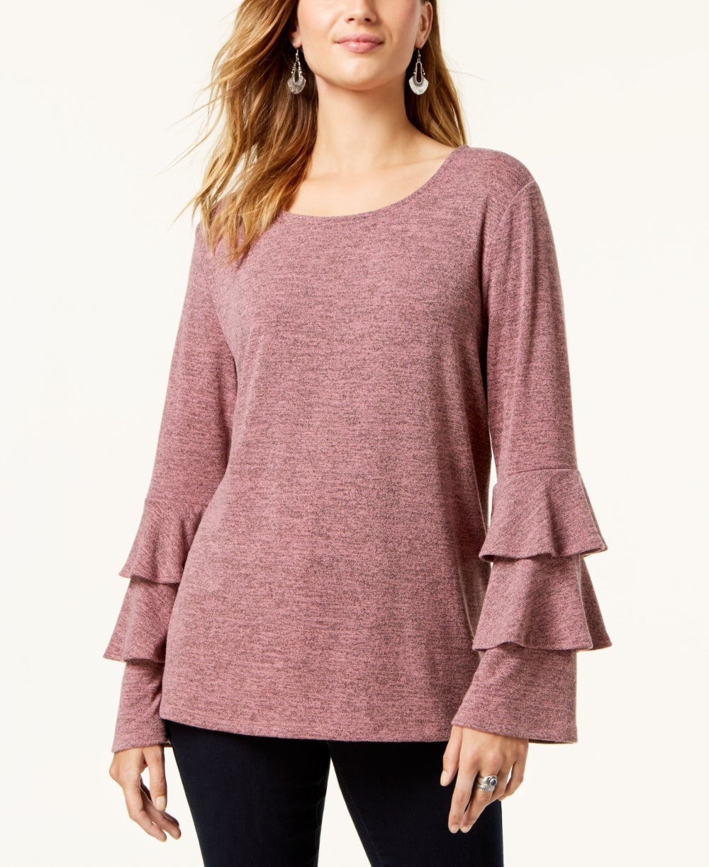 Style & Co Women's Petite Double Bell Sleeve Top  Red Size PL