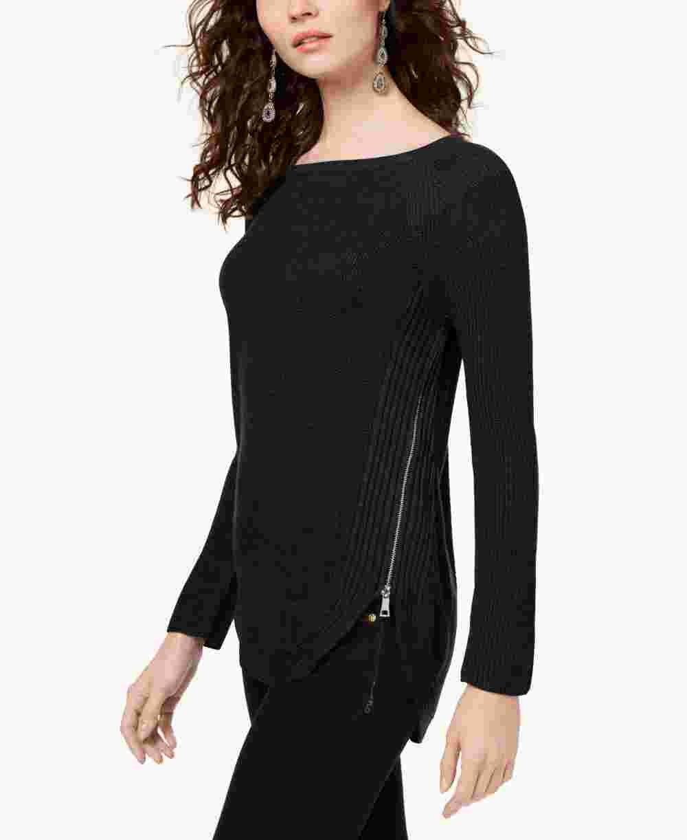 INC International Concepts Women's Petite Waffle-Knit Side-Zip Tunic Sweater Black Size PL