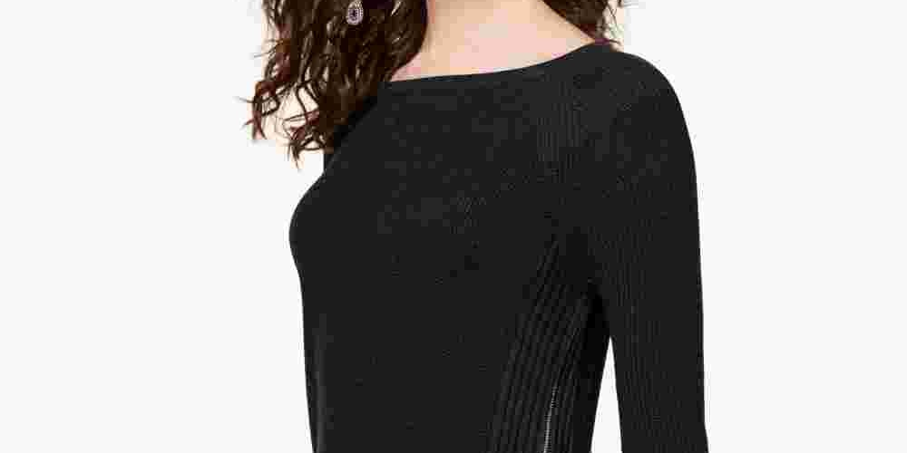 INC International Concepts Women's Petite Waffle-Knit Side-Zip Tunic Sweater Black Size PL