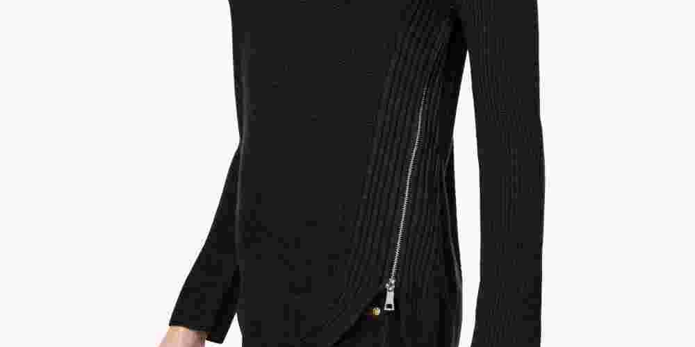 INC International Concepts Women's Petite Waffle-Knit Side-Zip Tunic Sweater Black Size PL