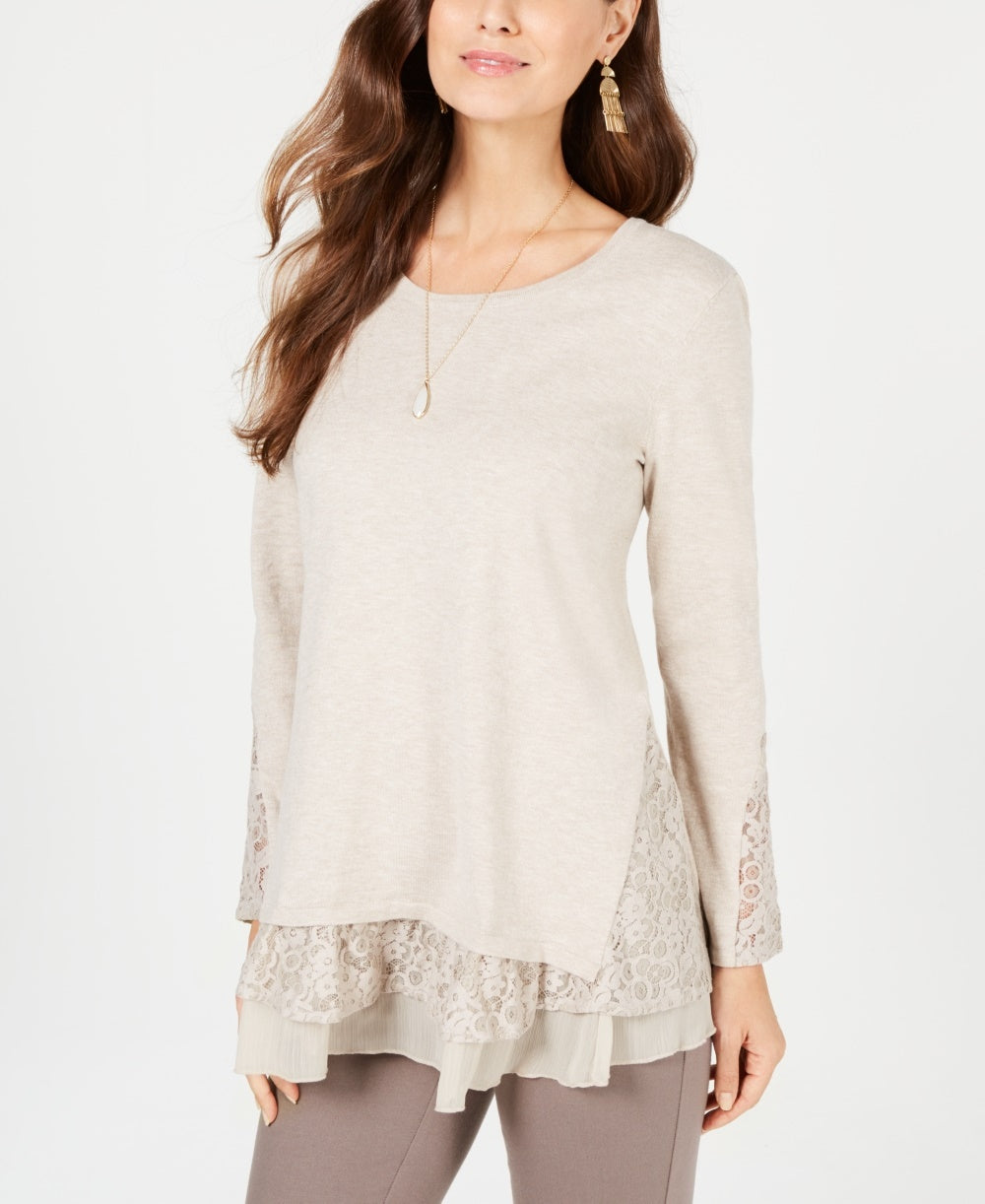 Style & Co Women's Lace TrimLong Sleeve Top Beige Size PL